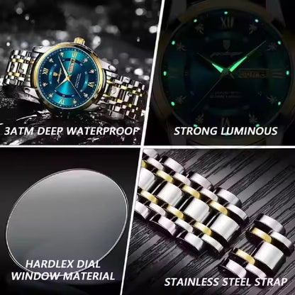 Gold Luxury Quartz Business Stainless Steel Dual Calendar Watches