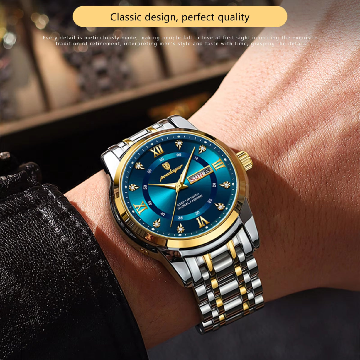 Gold Luxury Quartz Business Stainless Steel Dual Calendar Watches